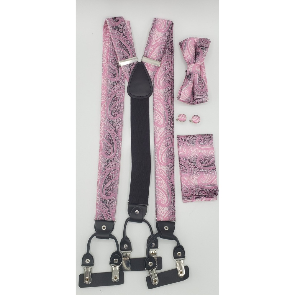 Silk Suspender Set Mens Pink Paisley Pre-tied Bow Tie Pocket Square Cufflinks - Picture 2 of 8